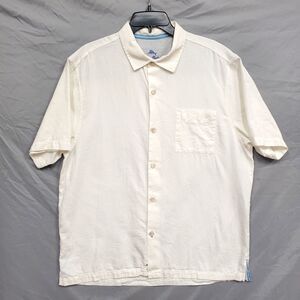 Tommy Bahama Shirt Men Silk Cotton Hawaiian Embroidered Ivory Size Large
